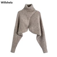 Willshela Women Fashion Crossover Knit Arm Warmers with High Neck Long Sleeves Chic Lady Woman Winter Warm Knitted Sweater Tops