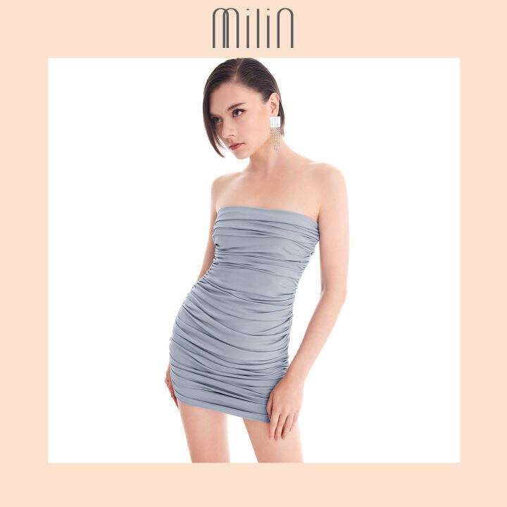 milin-ruched-detail-with-side-ruffle-sleeveless-mini-dress-เดรสสั้นเกาะอกเข้ารูปจับจีบย่น-azure-dress-สีชมพู-สีเทา