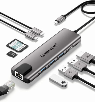 USB C Hub, Lemorele 9 in 1 USB C Hub Multiport Adapter w/Gigabit Ethernet, 100W PD, HDMI 4K, 3 USB 2.0, USB C Data Port, SD/TF Card Reader, Dongle Docking Station for MacBook Pro/Air HP Dell Laptops Space Grey