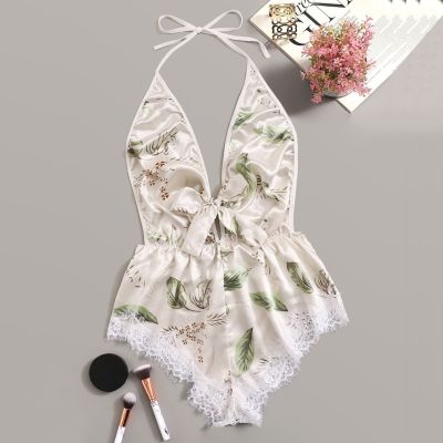 Bodysuits For Women Printing Lace Stain Bow Lingerie Bodysuit Backless Pajamas Silk Jumpsuit Sexy​ ​lingerie Women lenceria