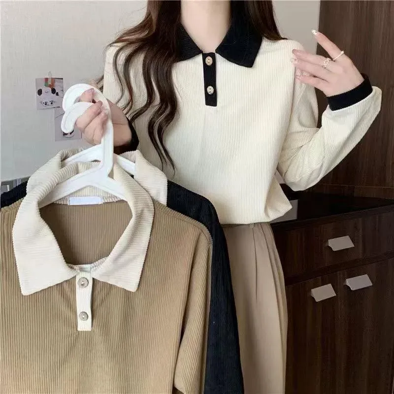 Autumn Winter Clothes Korean Style Women Long Sleeve POLO Collar T Shirt  Pure Color Chic Office Fashion Casual Color Contrast Thin Top Student  College