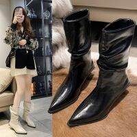 Sepatu BOOT Pendek ส้นสูง Caohuatang3Niche สำหรับผู้หญิง2023รองเท้าบูทตั้งสูงขึ้นอัดพลีทส้นบางแหลม Bootscaohuatang3ยืดหยุ่นหนังนิ่ม