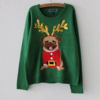 Ugly Sweater Christmas Sweater Women Green Pug Dog Embroidery Sequins Long Sleeve Pullover Knitted Jumper Tops M99591