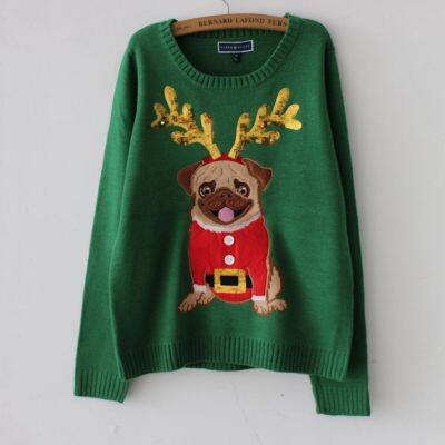 Ugly Sweater Christmas Sweater Women Green Pug Dog Embroidery Sequins Long Sleeve Pullover Knitted Jumper Tops M99591