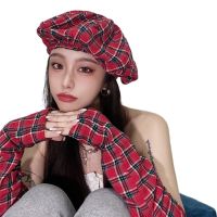 Retro Plaid Long Arm Sleeve Cotton Plaid Hat Fingerless Gloves for Sun for PROTECTION Arm Sleeves French Plaid Beret Hats