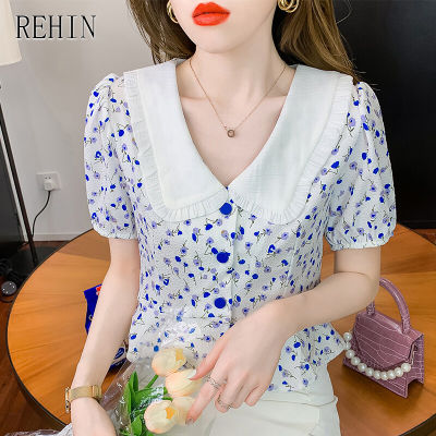 REHIN เสื้อเชิ้ตชีฟองแขนสั้นของผู้หญิง,เสื้อเบลาส์พิมพ์ลายดอกไม้หวานๆคอวีแฟชั่นเวอร์ชันเกาหลีใหม่ฤดูร้อน
