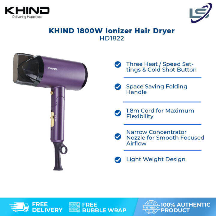 KHIND 1800W Ionizer Hair Dryer HD1822 3 Heat / Speed Settings & Cold Shot Button Narrow