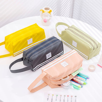 Double layer large capacity canvas pencil case students simple zipper stationery bag multifunctional pencil case