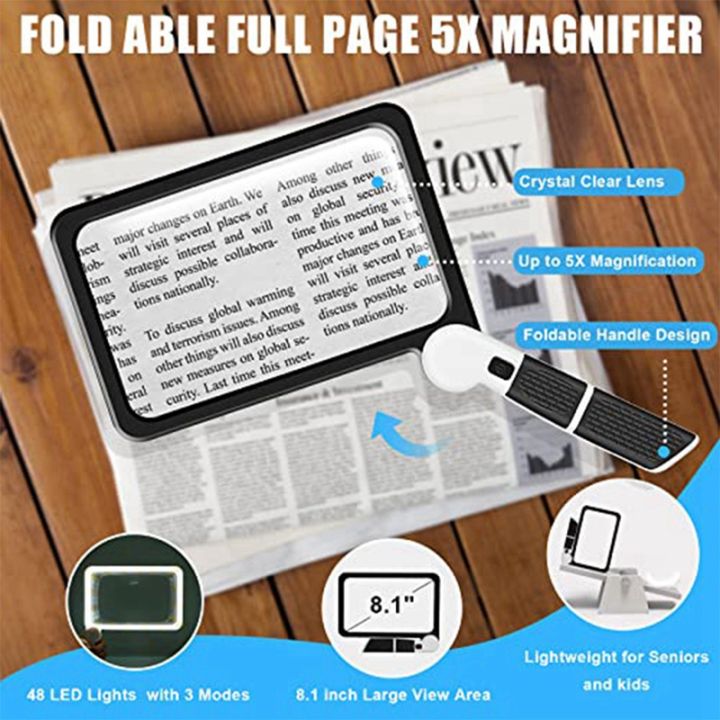 full-page-5x-magnifying-glass-folding-lighted-magnifier-for-reading-with-48-led-lights