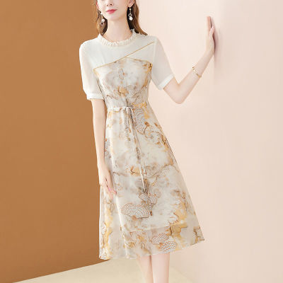 ชุดเดรสแฟชั่นพิมพ์ลาย2023ผ้าชีฟองสำหรับผู้หญิงชุดเดรส Dress Model Baru คอกลมเข้ารูปมีเชือกผูกคอ