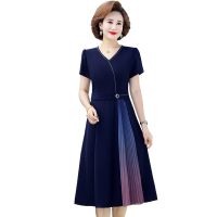 【YF】 Light Luxury Design  V-neck Scalloped pleated slim fit Chiffon Empire Dresses A-LINE Summer Short Sleeve Office Lady Chic Dress