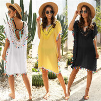 Woman Beach Cover Up Dress Fringe Pompom Tunic Yellow 2022 Summer Women vestido playero Womens Cover-Ups On the Sea Robe Pareos