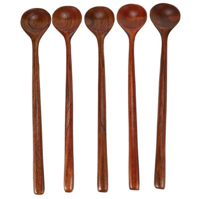 Long Spoons Wooden, 5 Pieces Korean Style 10.9 inches 100% Natural Wood Long Handle Round Spoons for Soup Cooking Mixing Stirrer Kitchen Tools Utensils (Korean Style Soup Spoon)