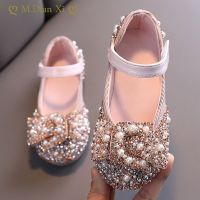 Little Baby Girls Pink Rhinestone Princess Party Shoes Childrens Pearl Bow Dancing Flats Toddler Kids Shining Performance Shoes