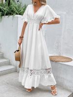 Elegant White Long Dress Womens Clothing Boho Hollow Hem Sexy Deep V Short Sleeves Dresses High Waist Beach Party Maxi Dress