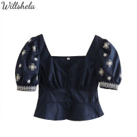 Willshela เสื้อครอปแฟชั่นสำหรับผู้หญิงสีกรมท่าปักลายสไตล์ฝรั่งเศสเสื้อสั้นเกาหลีวินเทจเก๋ไก๋ที่รักแขนสั้นผู้หญิง