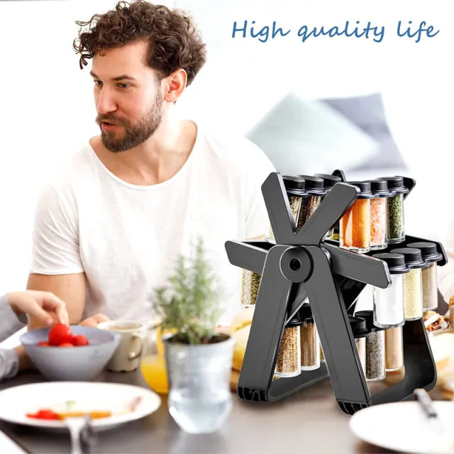 18 IN 1 Rotating Spice Tower Rack Glass Bottle Organiser Salt Storage Jar Condiment Canister Kitchen Tools