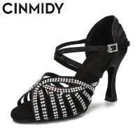 1 CINMIDY รองเท้าเต้นผู้หญิงละตินแทงโก้รุมบ้า Rhinestones Samba รองเท้างานเลี้ยงเต้นรำรองเท้าแตะปาร์ตี้แต่งงานส้นเต้นรำวอลทซ์