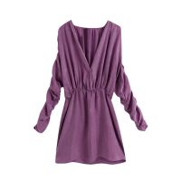 ZZOOI KPYTOMOA Women 2020 Chic Fashion Pleated Cozy Mini Dress Vintage V Neck Long Sleeve Elastic Waist Female Dresses Vestidos Mujer