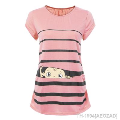 ✓▲⊕ Maternidade bonito engraçado bebê impressão listrado manga curta camiseta roupas de maternidade para grávidas moda