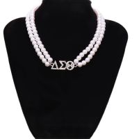 Two Layers Pearl Chain White Diamond Inlay Greek Letter DST Label Sorority Choker Delta Necklaces