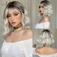 【jw】۞  Ombre Blonde Short Wavy Wigs with Bangs Bob Synthetic Hair for Resistant