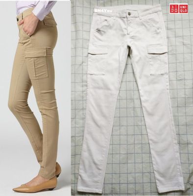 Uniqlo cargo pants กางเกงคาร์โก้ขายาว ยีนส์คาร์โก้ 6 กระเป๋า-สีขาวออฟไวน์ ไซส์ 23-27
