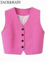 ﹍▥ ZACK RAIN Pink Textured Single-breasted Vests 2023 V-neck Sleeveless Color Female Crop