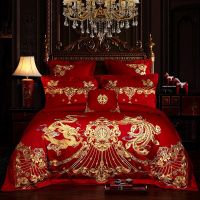 Luxury Golden Dragon Phoenix Flowers Embroidery Red Chinese Wedding Cotton Bedding Set Duvet Cover Bed Sheet Linen Pillowcase