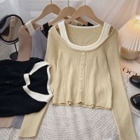 [COD] careful low-round neck fake two-piece knitted sweater womens 2022 autumn new Korean version slimming short top