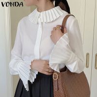 Vonda เสื้อเบลาส์ลําลอง แขนยาว คอปก แต่งกระดุม สีพื้น สไตล์เกาหลี สําหรับผู้หญิง