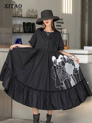 XITAO Dress Loose Short Sleeve Black Dress