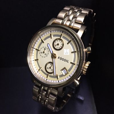 นาฬิกาข้อมือผู้ชายจับเวลา FOSSIL รุ่น ES2197 Chronograph ตัวเรือนและสายนาฬิกาสีทอง หน้าปัดสีครีม รับประกันของแท้ 100 %