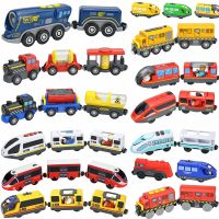 Kid Magnetic Electric Train Car Locomotive Wooden Track Slot Diecast Railway With Two Carriages Wood Toy Fit Biro Tracks