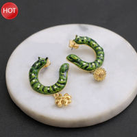 Tory Burch New Luxury Niche Design ประณีต Hand-Painted Enamel Green Color Caterpillar Earrings Female Gift【high-quality】