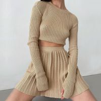 Knitted Skirt Suit Women 2022 Spring Pleated Mini Skirt And Long Sleeve Slim Crop Pullover Female Green 2 Pieces Sets Clothes