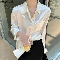 French Loose Satin Chiffon Shirt Autumn Long Sleeve White Shiny Silk Womens Blouse Vintage Casual Black Blouses Blusas 16045