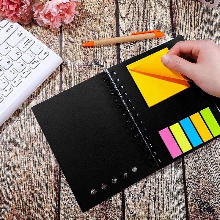 pack-of-8-lined-spiral-notebook-kraft-cover-notepad-notepad-with-pen-in-stand-page-markers-sticky-notes-color-index-tabs