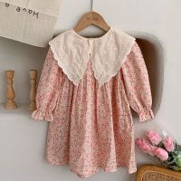 Summer 2023 New Baby Girls Dress Casual Floral Clothes Korean Cotton Linen Girls Princess Dress Big Turn Down Collar Dress  by Hs2023