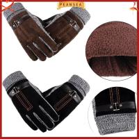 PEANSEA Mens Thicken Warm Thermal Mittens Knitted Leather Winter Gloves