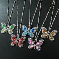 Cute Female Blue Big Butterfly Pendant Necklace Pink Green Red Silver Color Necklace Yellow Water Drop Wedding Necklace Jewelry Fashion Chain Necklace