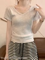 ✆∋ Short T-shirt for women in summer with a niche design front and rear V-neck collarbone exposed shoulder thread slim fit gray short-sleeved top