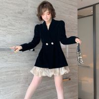 Fall Winter Vintage Double-breasted Velvet Blazer Dress 2021 Runway Fashion Women Splicing Polka Dot Ball Gown Mini Dress