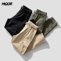 HIQOR Men Autumn Casual Loose Hip Hop Big Pockets Elastic Waist Streetwear Mens Trousers All Match Daily Dress Up Cargo Pants