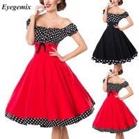 【YF】 2023 Summer Elegant Polka Dot Vintage Dresses Women Robe Hepburn Style Slash Neck Off The Shoulder Patchwork Party Prom Dress