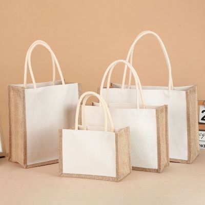 Reuseable Burlap Jute Tote Shopping Bag with Sturdy Handle Women Casual Large Capacity Travel Beach Storage Organizer Handbag