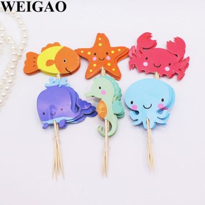 【CW】☽✎☼  WEIGAO 24Pcs Birthday Toppers Sea Star Crab Flags Baby Shower Theme Decoration Supplies