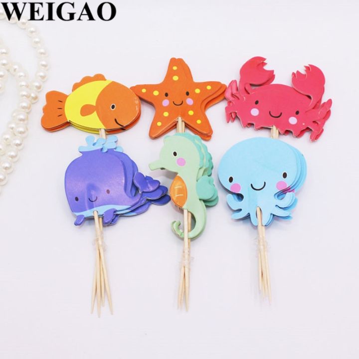 cw-weigao-24pcs-birthday-toppers-sea-star-crab-flags-baby-shower-theme-decoration-supplies