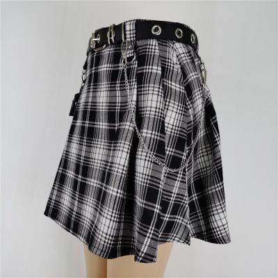 ‘；’ With Belt Harajuku Punk Gothic Black High Waist Black Skirts Women  Patchwork Bandage Mini Female Streetwear Skirt