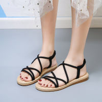 Women Sandals Ankle Elastic Band Cross-tied Hollow Out Flat 2021 Summer Beach Fashion Casual Roman Gladiator Ladies Black Shoes